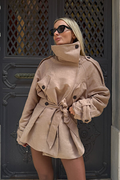 NET OF NOT ZR Model Apolet Detaylı Dik Yaka Kuşaklı Süet Deri Ceket