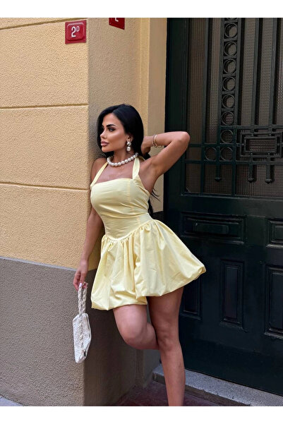 VİSKALİ Boyundan Bağlamalı Kare Yaka Balon Astarlı Mini Sarı Elbise