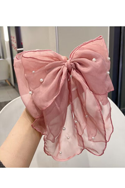 KHAJUL Pearl Hair Clips, 2-Piece Mesh Tulle Bowknot with Ribbon Long Tail for Women