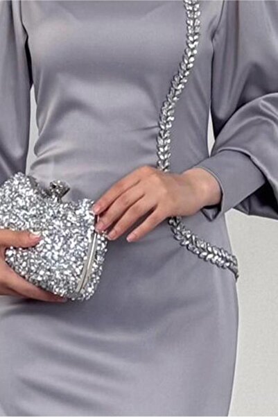 TRENDTESETTÜR Women's Gray Stone Detailled Evening Dress t 1715