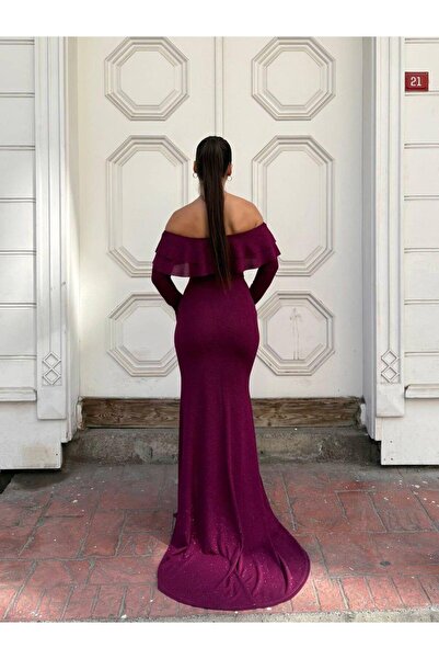 Modafeminen Fkuro Simli Esnek Kumaş Ön Çift Volan Abiye Elbise AÇIK MOR 583112