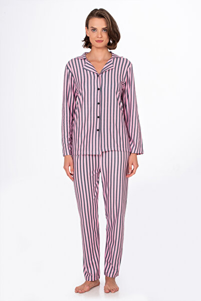 Kompedan Kadın Süet Önden Düğmeli Pijama Takımı | Çizgili Pembe