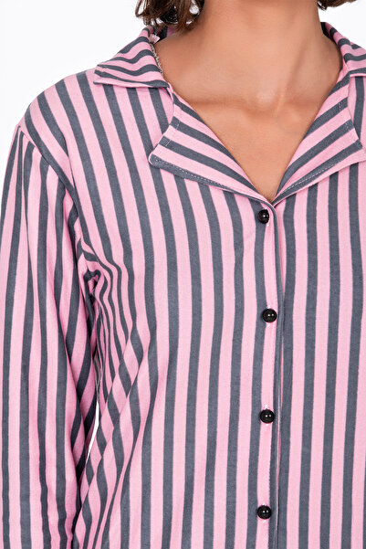 Kompedan Kadın Süet Önden Düğmeli Pijama Takımı | Çizgili Pembe