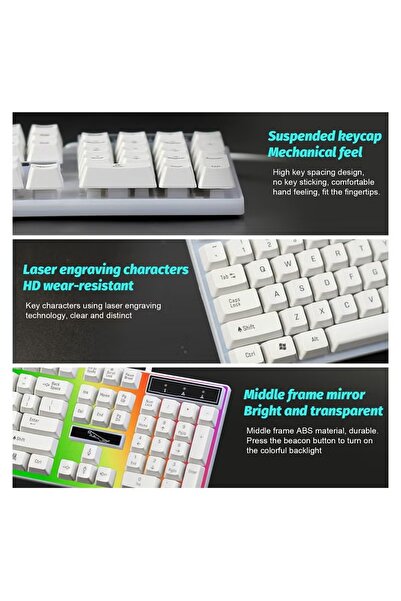 huitich لوحة مفاتيح G21 سلكية للألعاب بمنفذ USB، لوحة مفاتيح ميكانيكية ملونة بإضاءة خلفية للكمبيوتر المحمول، بيضاء اللون