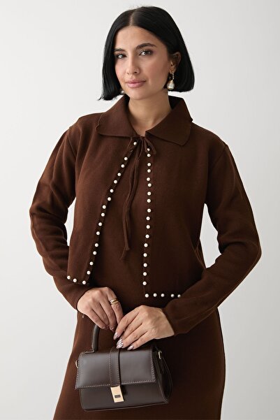 InStyle Набір трикотажних виробів з бісерним болеро та гірким кавовим принтом