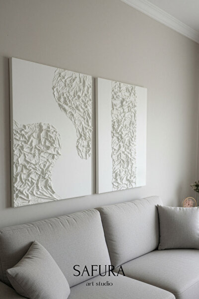 Safura Art Studio Dokulu Tablo – El Yapımı 3 Boyutlu Alçı Minimalist Doku, İskandinav Kabartmalı (Bürümcük - İkili)