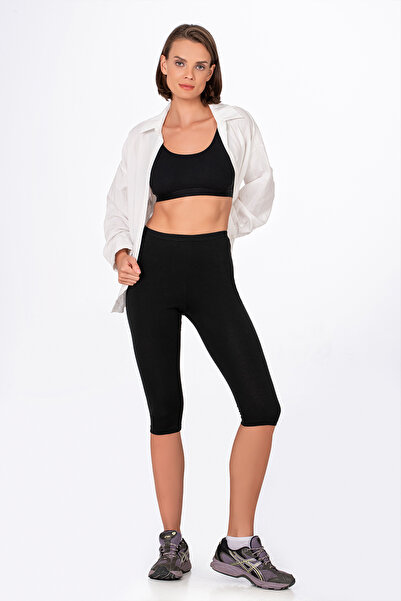 Kompedan Kadın Likralı Süprem Düz Kapri Tayt Siyah | K0458