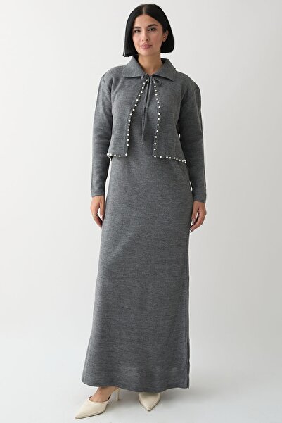 InStyle Anthracite Knitwear Set with Pearls and Bolero