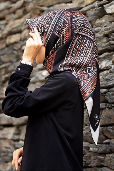 Vissona 100% Twill Silk Ethnic Pattern Μαύρο - Μαύρισμα 90x90 Σχήμα ραψίματος...