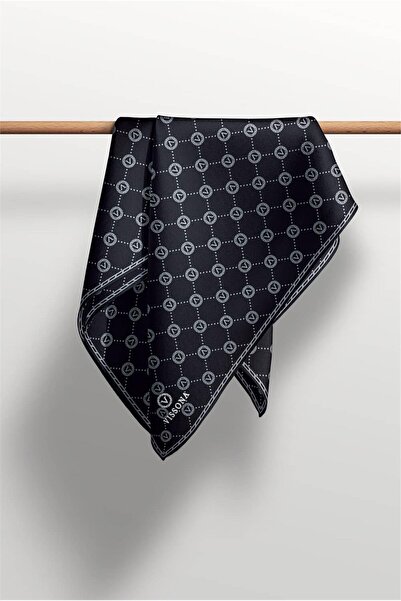 Vissona 100% Twill Silk Monogram Μοτίβο Μαύρο - Γκρι Χρώμα 90x90 Φουλάρι Σχήμα Φύτευσης: Ράψιμο στο χέρι
