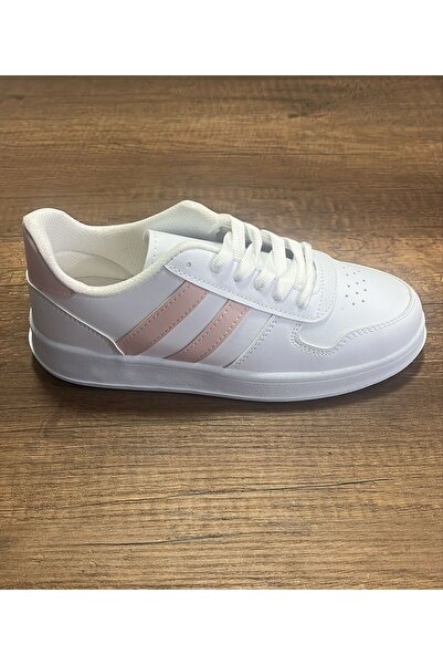 Nstil Daily Unisex White Pink Sports Shoes Lace-Up Stitching Detail Lightweight Thick High Sole Sneaker 4005