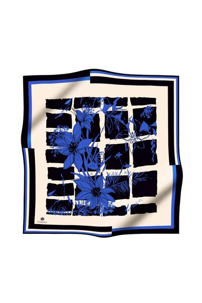 Vissona 100% twill silk with floral and geometric pattern s Cobalt black colored 90x90 scarf sewing method: hand sewing