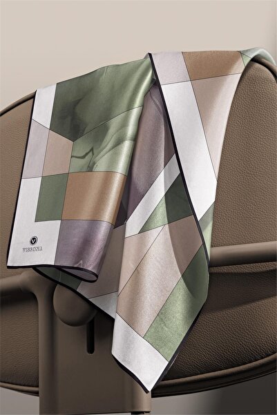 Vissona Geometric Pattern 100% Twill Silk - Khaki Copper 90X90 Scarf Planting Shape : Hand Sewn