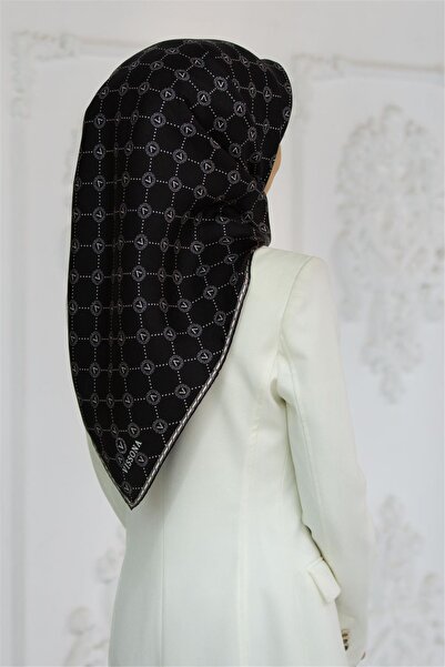 Vissona 100% Twill Silk Monogram Μαύρο-Κρεμ 90x90 Φουλάρι Ράψιμο Χειροποίητο