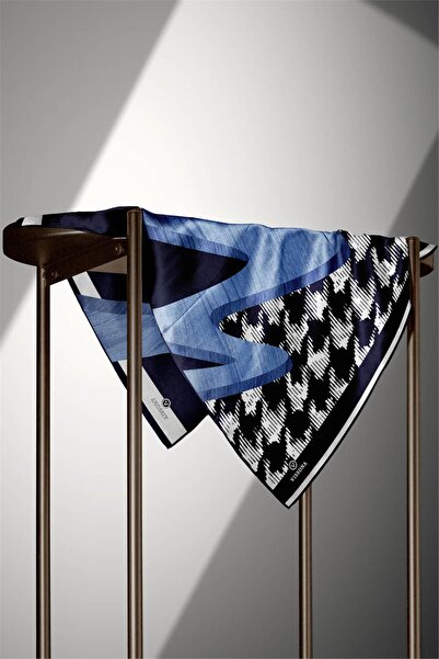Vissona 100% twill silk houndstooth patterned indigo - navy blue colored 90x90 scarf edge stitching style hand stitched