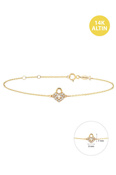 KURSHUNI Mini Kalp Kilit, 14 Ayar Altın Bileklik