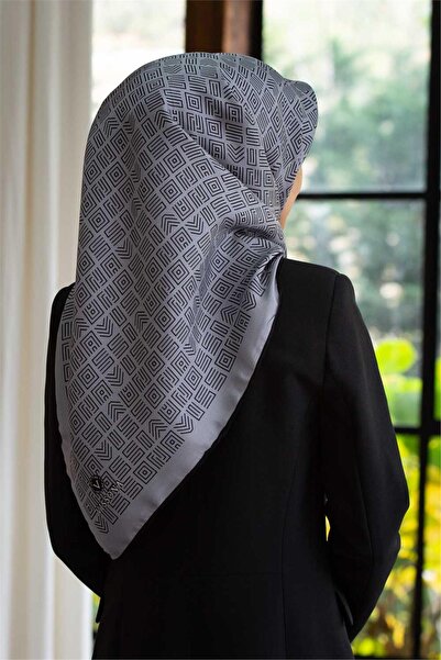 Vissona 100% twill silk ethnic motif patterned gray - black colored 90x90 sewing method: hand stitched scarf