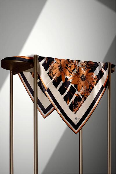 Vissona 100% twill silk scarf with floral and geometric pattern in beige - brown color 90x90 sewing method: hand sewn