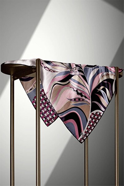 Vissona 100% Twill Ethnic Leaf Pattern Powder - Γκρι χρώμα 90x90 Σχήμα ραψίματος: Κασκόλ ραμμένο στο χέρι