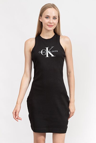 Calvin Klein Logolu Kolsuz Halter Yaka Dar Kesim Pamuklu Streç Elbise J20j220...