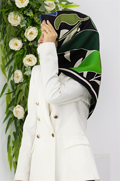 Vissona 100% twill de mătase cu model de frunze verde smarald - S albastru co...