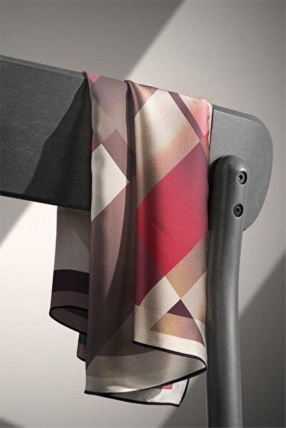 Vissona 100% Twill Silk Geometric Patterned Beige - Burgundy Colored 90X90 Scarf Sewing Shape: Hand Sewing