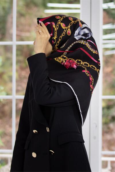 Vissona 100% mătase twill cu model de panglică și lanțuri, culoare negru-roșu...