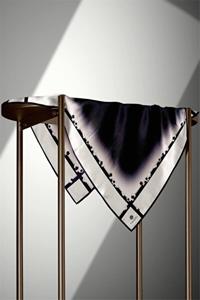 Vissona Κρεμ-Μαύρο 90x90 Ράψιμο στο χέρι 100% Twill Silk Edge Motif Floral μοτίβο