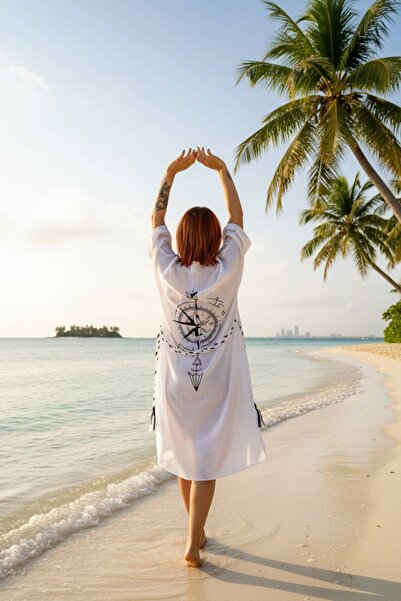 İZMİR ASKERİ MALZEME White Color Linen Woven Compass Patterned Short Sleeve K...