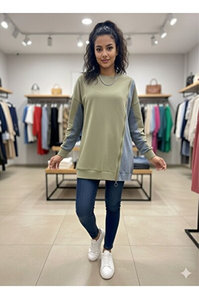 MY CİTY YASEMEN Kot Detaylı Tasarım Sweatshirt Kadın Haki