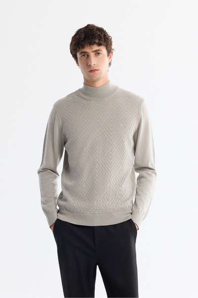 Avva Men's Grey Half Turtleneck Jacquard Wool Blend Knitwear Regular Fit Sweater A42Y5021