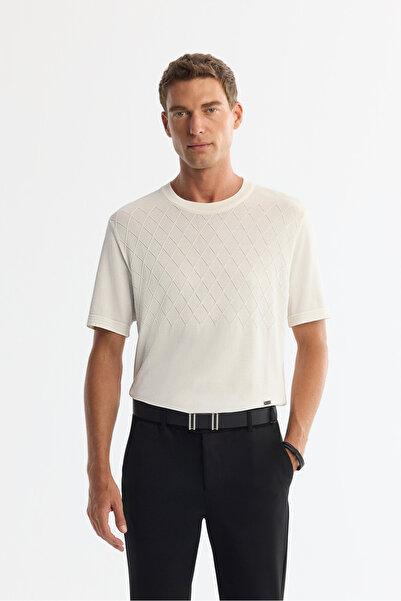 Avva Men's Ecru Crew Neck Jacquard Rayon Knitwear Regular Fit T-Shirt A42Y5008