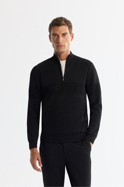Avva Pulover pentru bărbați, negru, cu fermoar, cu guler în picioare, cu detaliu texturat în față, tricotaj, cu croială normală A42Y5031