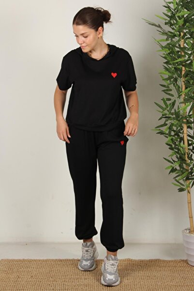 Mckanzie 25691 Heart Embroidered Short Sleeve Hooded Top and Elastic Bottom Suit