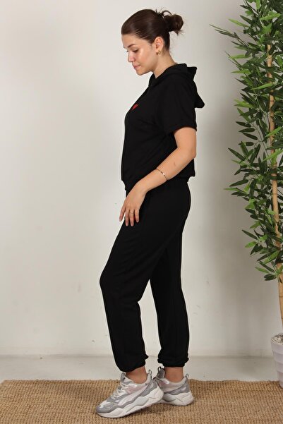 Mckanzie 25691 Heart Embroidered Short Sleeve Hooded Top and Elastic Bottom Suit