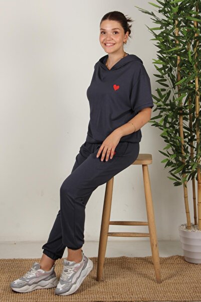 Mckanzie 25691 Heart Embroidered Short Sleeve Hooded Top and Elastic Bottom Suit