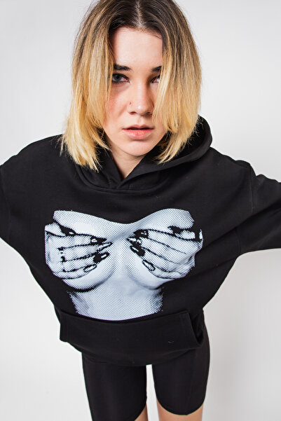 Bak Moda Hanorac oversize unisex negru cu imprimeu Silhouette Boobs V2