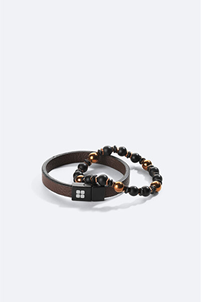 Avva سوار رجالي بني مكون من قطعتين مصنوع من الجلد بنسبة 100% وحجر عين النمر A...