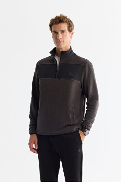 Avva Men's Anthracite Cold Resistant Zippered Stand Collar Fleece Regular Fit Sweatshirt A42Y1380