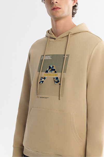 Avva Ανδρικό φούτερ με κουκούλα σε μπεζ χρώμα, βαμβακερό ελαστάνη, κανονική εφαρμογή A42Y1321