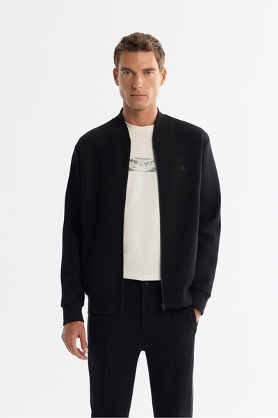 Avva Men's Black Stand Collar Zippered Cotton Printed Regular Fit Sweatshirt A42Y1315