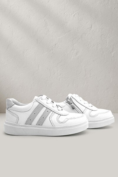 Rakerplus Genuine Leather White Lace-Up Zippered Children's Sneaker Shoes