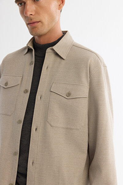 Avva Ανδρικό μπεζ κλασικό πουκάμισο με διαγώνιο γιακά, άνετο πουκάμισο A42Y2015