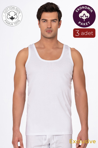 Kompedan 3'lü Paket Pamuklu Süprem Kalın Askılı Klasik Erkek Atlet | Beyaz K0050