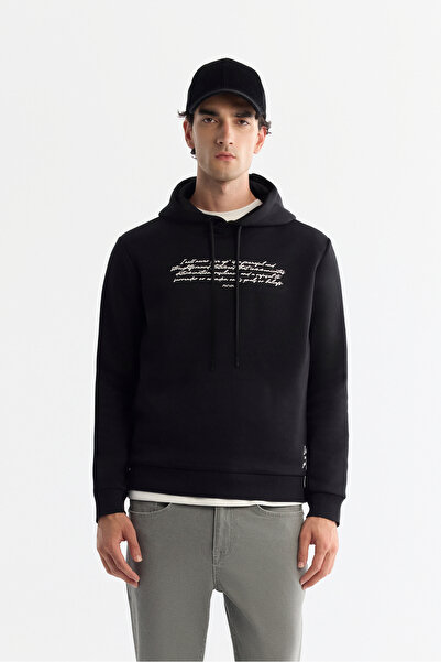 Avva Men's Black Hooded 3 Thread Raised Print Regular Fit Sweatshirt A42Y1303