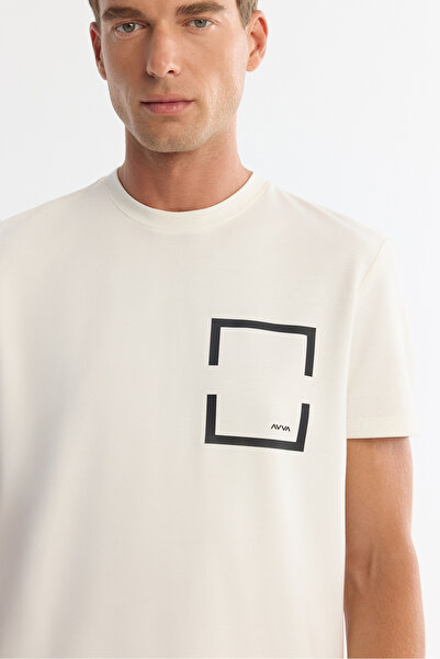 Avva Ανδρικό μπλουζάκι με λαιμόκοψη εκρού με στάμπα ελαστάνης κανονικής εφαρμογής A42Y1020