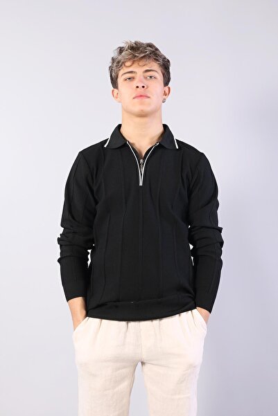 Mckanzie 3005 Collar Zippered Striped Shirt Collar Sweater