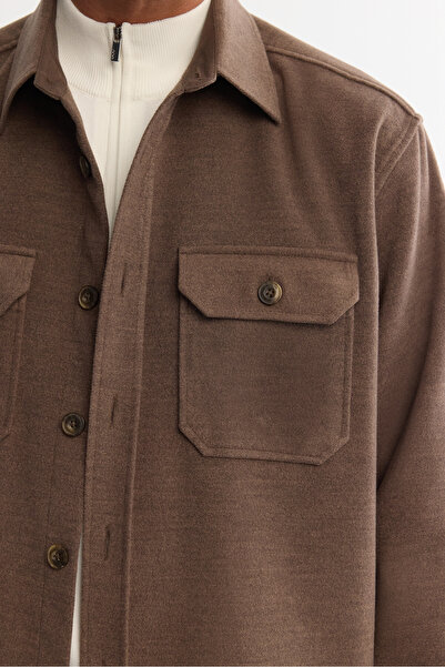 Avva Men's Brown Classic Collar Cashmere Covered Comfort Fit Shirt Jacket A42Y2129