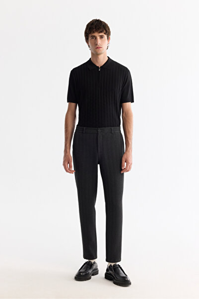 Avva Men's Anthracite Herringbone Textured Elasticated Side Elastane Slim Fit Chino Trousers A42Y3024
