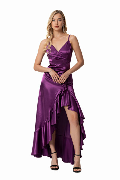 LADYNESS Mor Ip Askılı Yandan Volanlı Uzun Saten Elbise